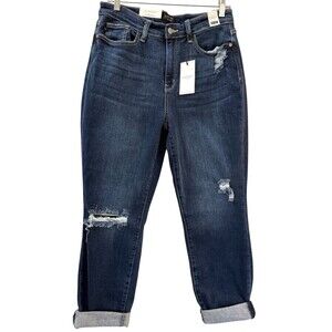 Judy Blue High Waist Boyfriend Jeans 9/29 Dark Wash Cuffed Distressed Denim NWT